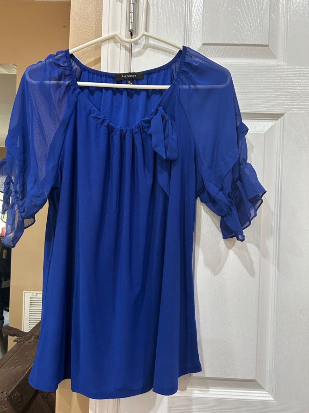 Liz Claiborne Royal Blue Sheer Sleeve Peasant Blouse